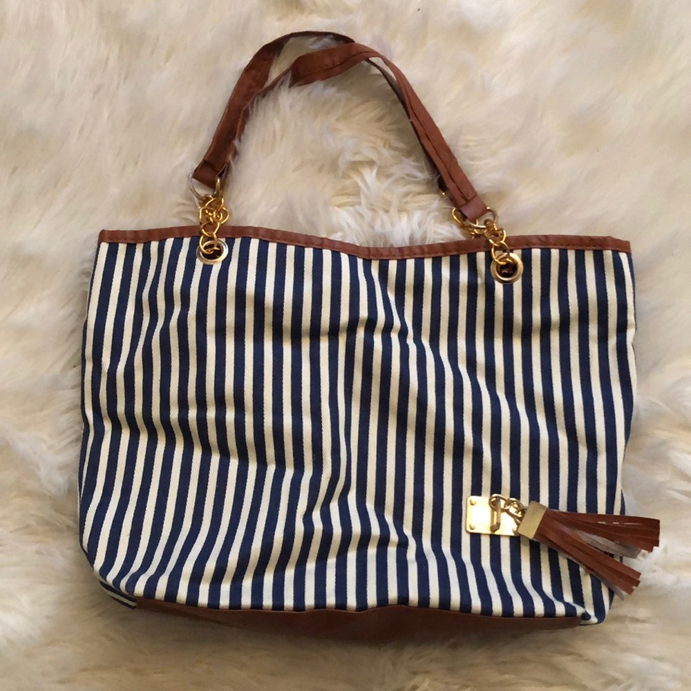 Blue and white striped small tote